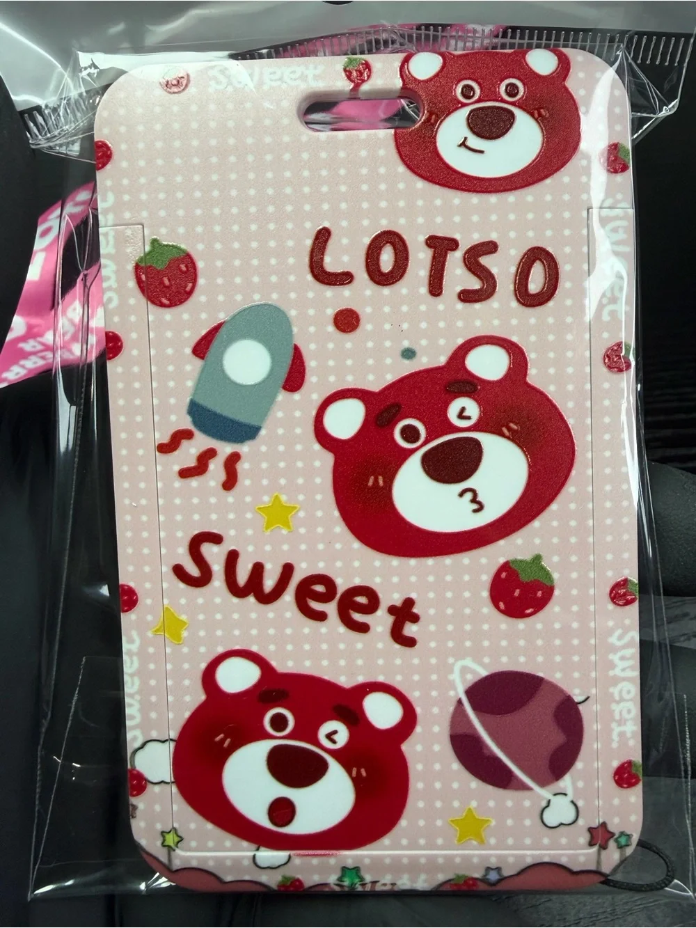 Pink Kids Lanyard with Card Holder - Strawberry Bear Design